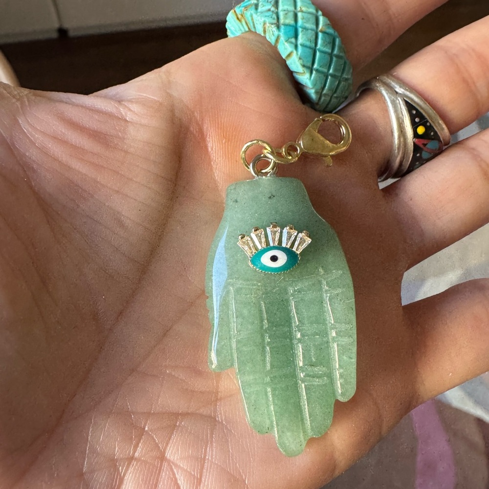 Green amazonite hand with an all seeing eye in the palm pendant
